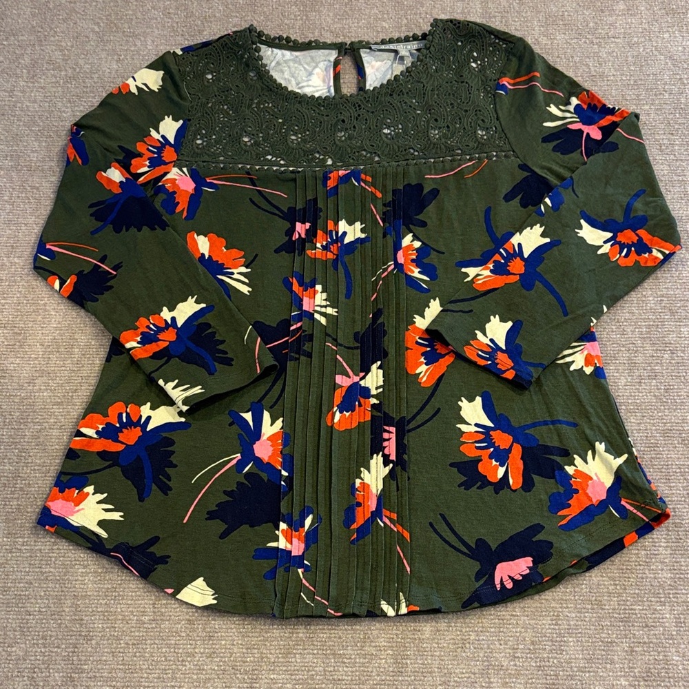 Daniel Rainn Women's Long Sleeve Lace Detail Green Floral Blouse Size‎ M NWT